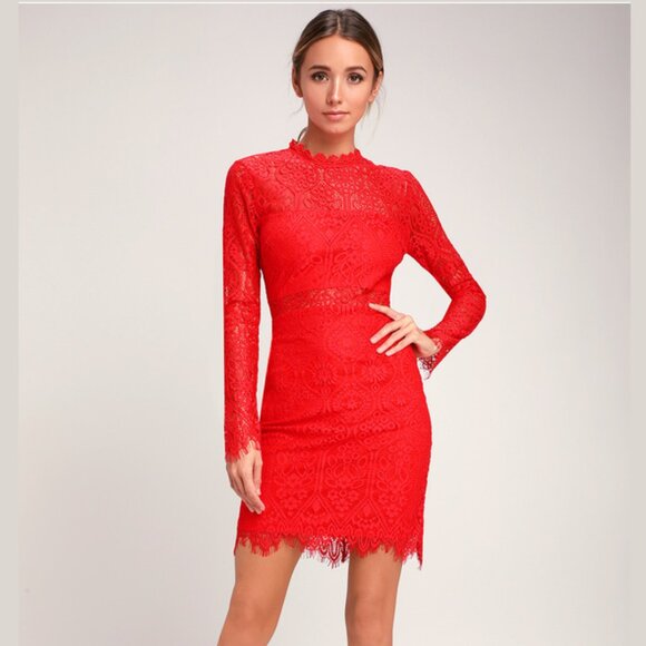 Lulus Red Lace Long Sleeve Bodycon Mini Dress Size Small Stunning Party Look - Picture 3 of 17